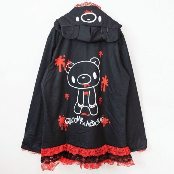 Gloomy Bear Black and Red Lace Trimmed Hooded Hoodie Cloak ONE SIZE FITS MOST - Picture 2 of 2